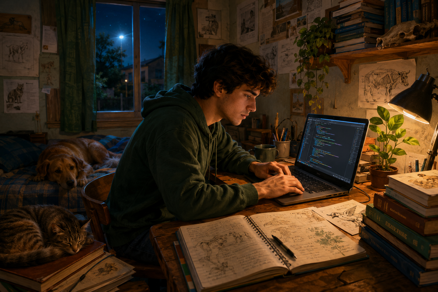 Ilustración de Marcos programando entre libros y animales